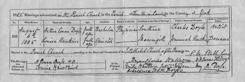 The marriage certificate of Arthur and Louisa Conan Doyle